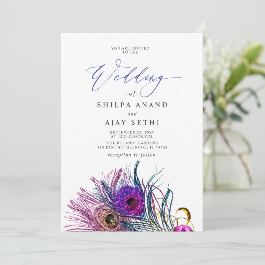 Glitter Gold Blue Purple Peacock Plume Wedding 招待状 (スタンド正面)