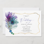 Glitter Gold Blue Purple Peacock Plume Wedding 招待状 (正面)