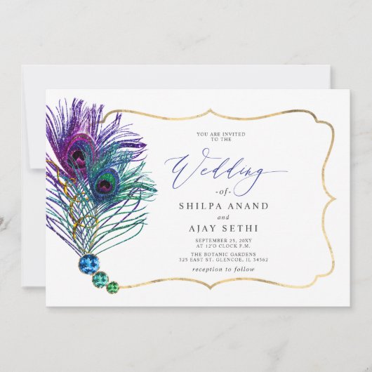 Glitter Gold Blue Purple Peacock Plume Wedding 招待状 (正面)