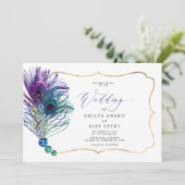Glitter Gold Blue Purple Peacock Plume Wedding 招待状 (スタンド正面)