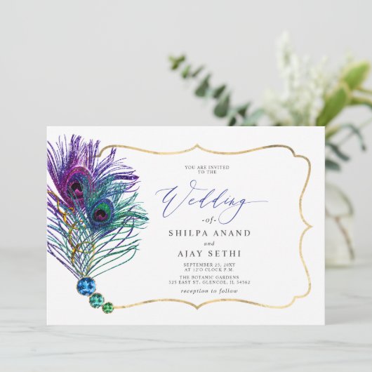 Glitter Gold Blue Purple Peacock Plume Wedding 招待状 (スタンド正面)