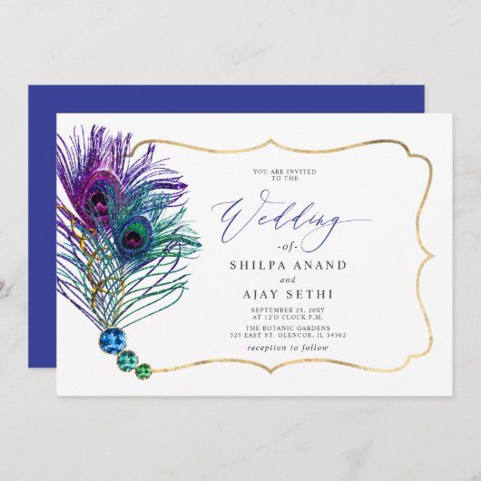 Glitter Gold Blue Purple Peacock Plume Wedding 招待状 (正面/裏面)