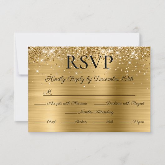 Glitter Gold Foil Elegant Calligraphy Wedding 出欠カード (正面)