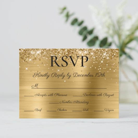 Glitter Gold Foil Elegant Calligraphy Wedding 出欠カード (スタンド正面)