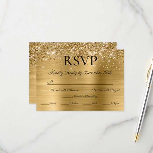 Glitter Gold Foil Elegant Calligraphy Wedding 出欠カード (正面/裏面インサイチュ)