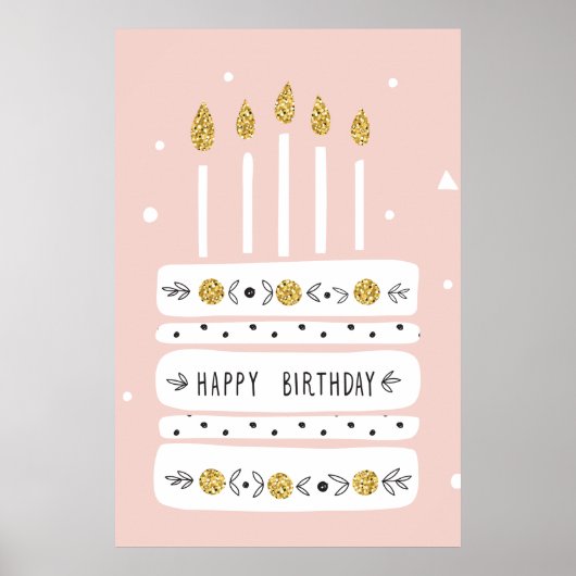 Glitter Gold Pastel Birthday Cake Illustration ポスター (正面)