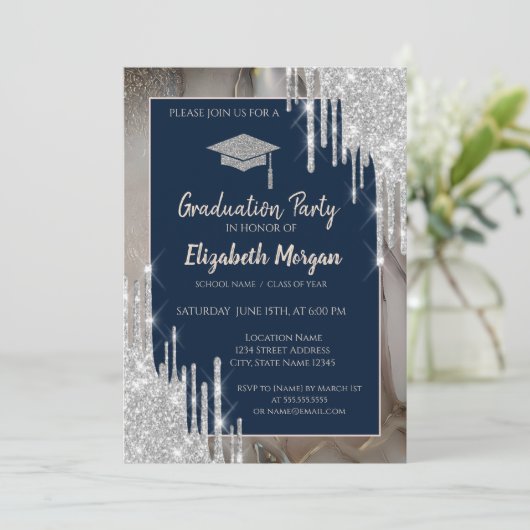 Glitter GradCap,Silver Drips,Marble Navy Blue 招待状 (スタンド正面)