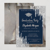 Glitter GradCap,Silver Drips,Marble Navy Blue 招待状 (正面/裏面)
