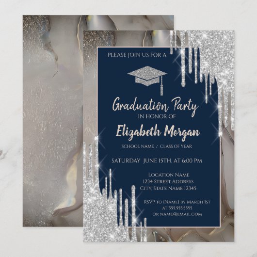 Glitter GradCap,Silver Drips,Marble Navy Blue 招待状 (正面/裏面)