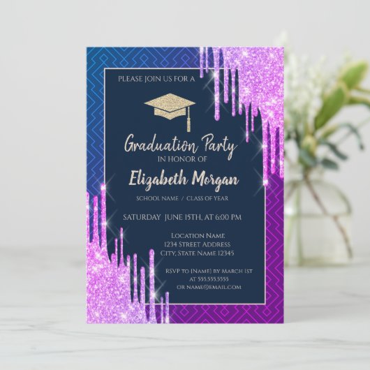 Glitter Graduation Cap,Drips Geometric Graduation 招待状 (スタンド正面)