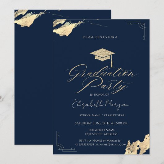 Glitter Graduation Cap Gold Navy Blue 招待状 (正面/裏面)