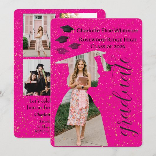 Glitter Graduation Invitation Card with Photos  招待状 (正面/裏面)