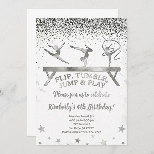 Glitter Gymnastic Kids Birthday Invitation 招待状 (正面/裏面)