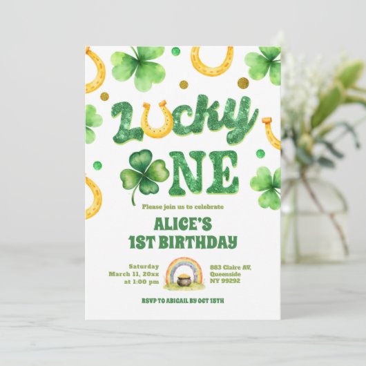 Glitter Lucky One St Patrick First Birthday 招待状 (スタンド正面)