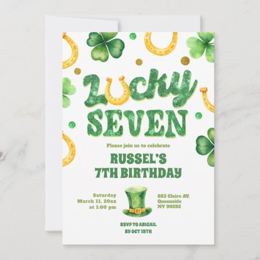 Glitter Lucky Seven St Patrick Birthday 招待状 (正面)