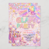 Glitter Makeup Disco Glam Kids Birthday Party 招待状 (正面/裏面)