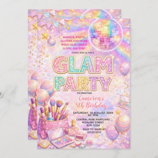 Glitter Makeup Disco Glam Kids Birthday Party 招待状 (正面/裏面)