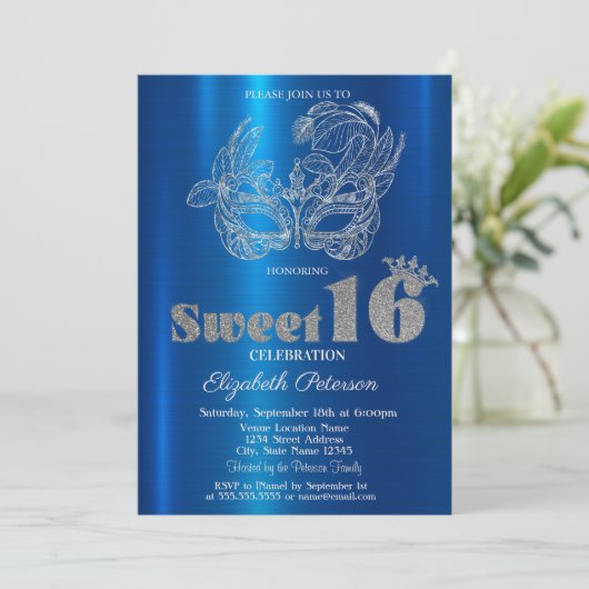 Glitter Mask Blue Metallic Sweet 16 招待状 (スタンド正面)