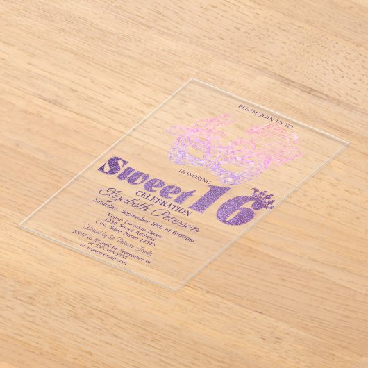 Glitter Mask Violet  Sweet 16 アクリル招待状 (レイダウン)