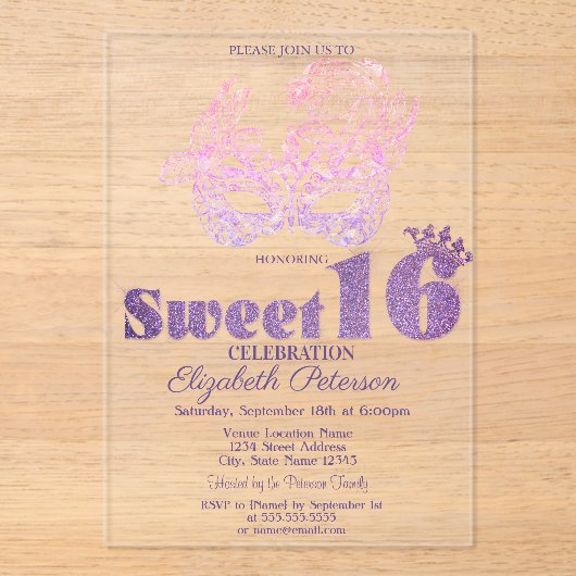 Glitter Mask Violet  Sweet 16 アクリル招待状 (正面)