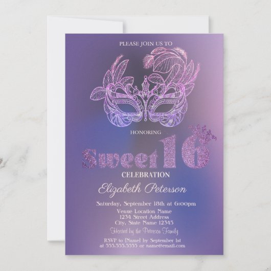 Glitter Mask Violet  Sweet 16 招待状 (正面)