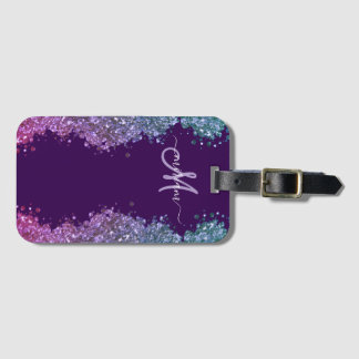 Glitter Modern Monogram Purple Teal Blue Shiny ラゲッジタグ