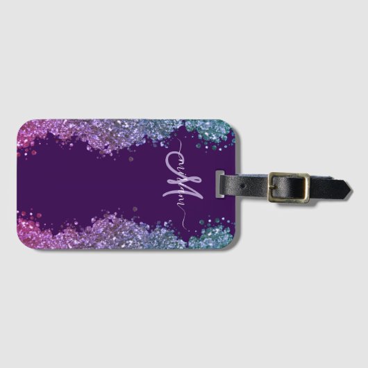 Glitter Modern Monogram Purple Teal Blue Shiny ラゲッジタグ (正面横)