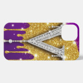 Glitter Monogram V ✨ Gold Drip Purple Luxe Glam iPhoneケース (裏面横)