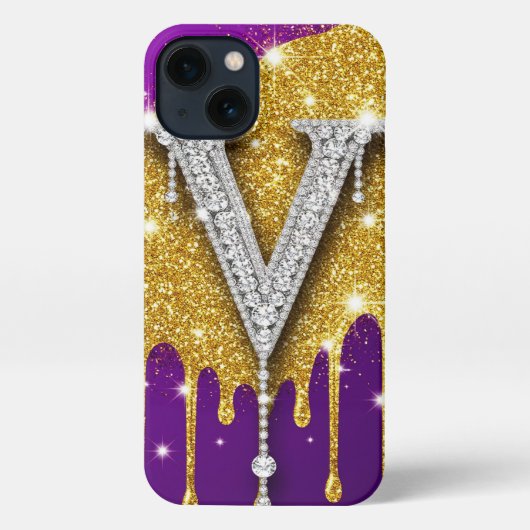 Glitter Monogram V ✨ Gold Drip Purple Luxe Glam iPhoneケース (裏面)