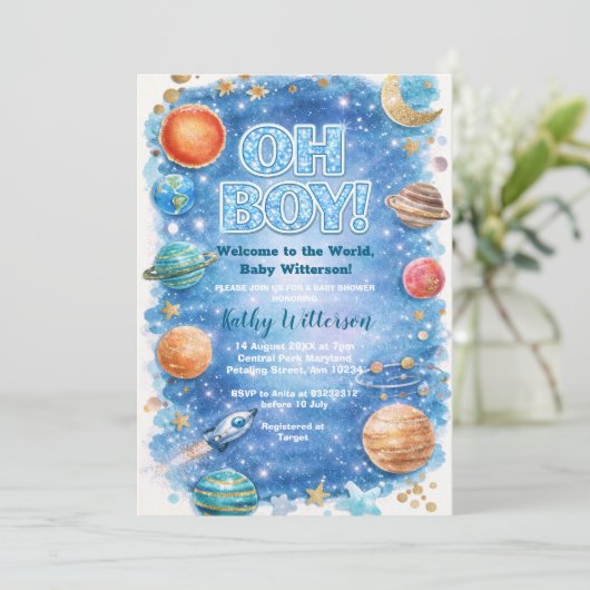 Glitter Moon Stars Galaxy Baby Shower 招待状 (スタンド正面)