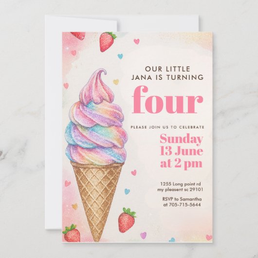 Glitter Rainbow Ice Cream Cone Birthday  招待状 (正面)