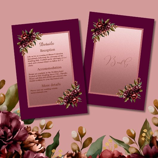 glitter Rose Gold Script - Burgundy floral wedding エンクロージャーカード