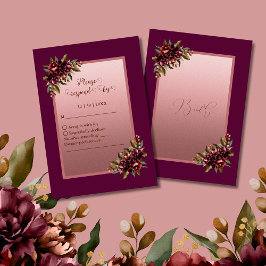glitter Rose Gold Script - Burgundy floral wedding 出欠カード