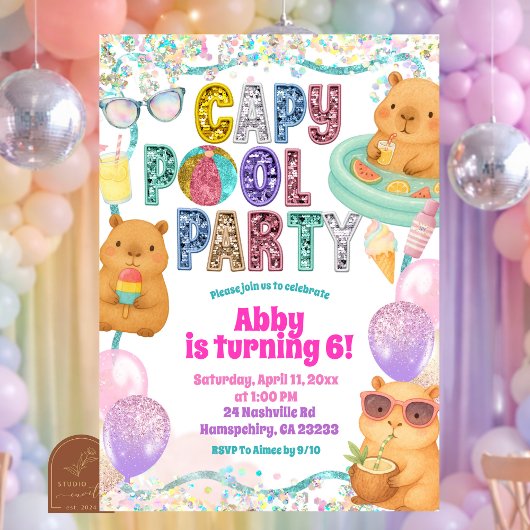 Glitter Sequin Capybara Pool Party Birthday invita 招待状