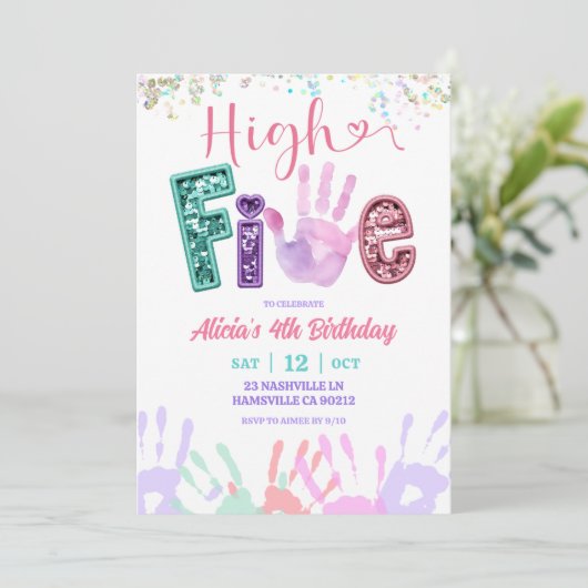 Glitter Sequin High Five Birthday 招待状 (スタンド正面)