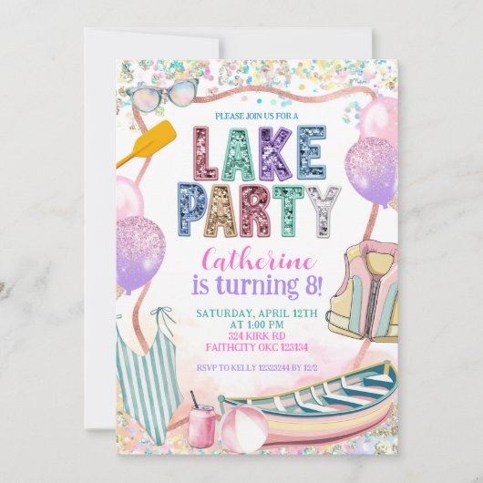 Glitter Sequin Lake Party Birthday invitation 招待状 (正面)