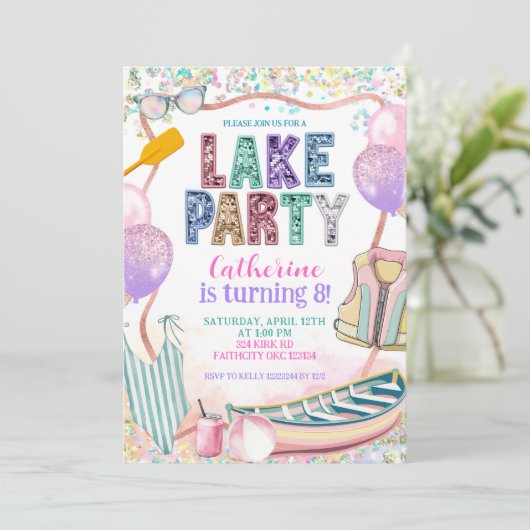 Glitter Sequin Lake Party Birthday invitation 招待状 (スタンド正面)