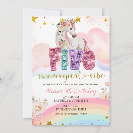 Glitter Sequin Magical Unicorn 5th Birthday 招待状 (正面)