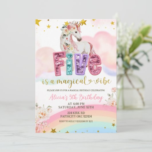 Glitter Sequin Magical Unicorn 5th Birthday 招待状 (スタンド正面)