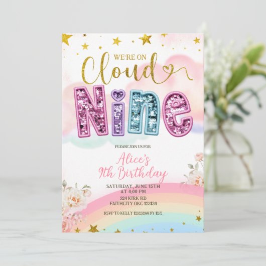 Glitter sequin pastel cloud nine birthday 招待状 (スタンド正面)