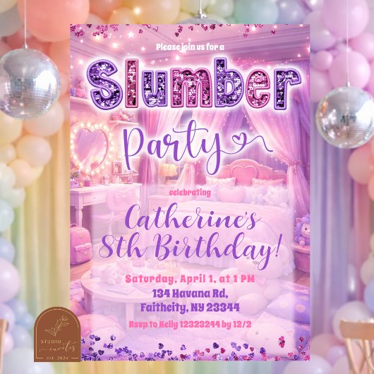 Glitter Sequin Pink Purple Sleepover Party 招待状