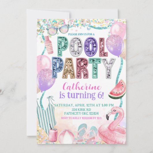 Glitter Sequin Pool Party Birthday invitation 招待状 (正面)