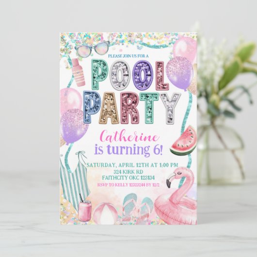 Glitter Sequin Pool Party Birthday invitation 招待状 (スタンド正面)