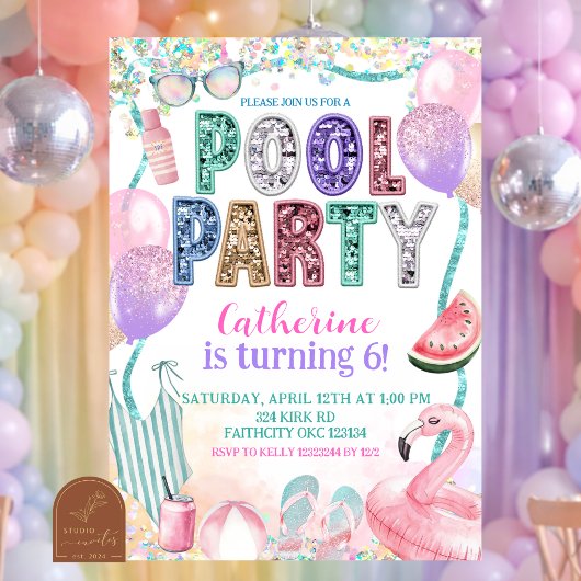 Glitter Sequin Pool Party Birthday invitation 招待状