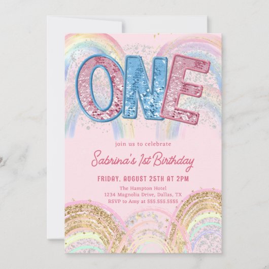 Glitter Sequin Rainbow 1st Birthday Invitation 招待状 (正面)