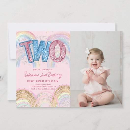 Glitter Sequin Rainbow 2nd Birthday Photo 招待状 (正面)