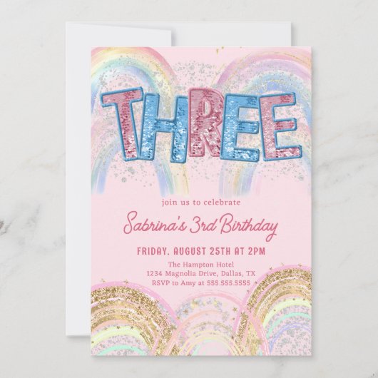 Glitter Sequin Rainbow 3rd Birthday Invitation 招待状 (正面)