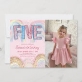 Glitter Sequin Rainbow 5th Birthday Photo 招待状 (正面)