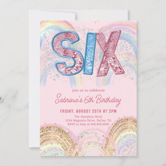 Glitter Sequin Rainbow 6th Birthday Invitation 招待状 (正面)
