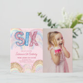 Glitter Sequin Rainbow 6th Birthday Photo 招待状 (スタンド正面)